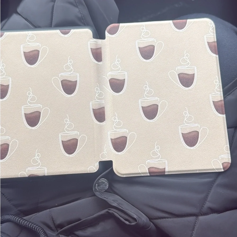 Faux leather Kindle Case with hand strap, Coffee Cup Patterned, Tan
